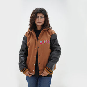 Three quarter view of women Los Angeles hooded jacket highlighting premium wool and leather materials with tailored women fit
