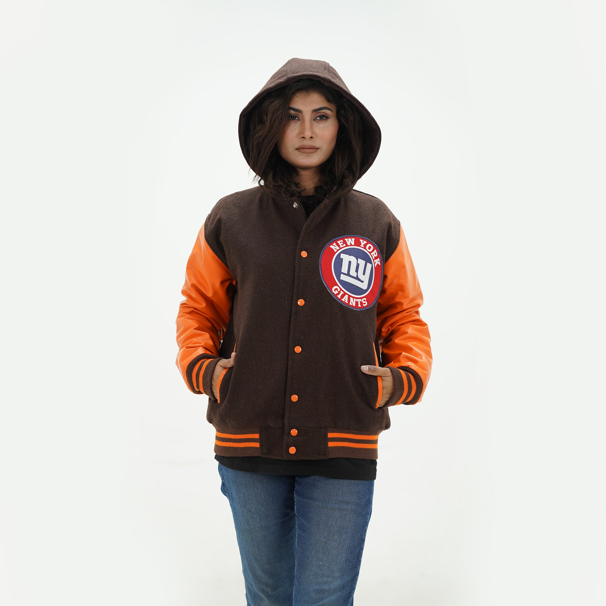 Three quarter view of women New York Giants hooded jacket highlighting premium wool and leather construction with cozy hood for female fans