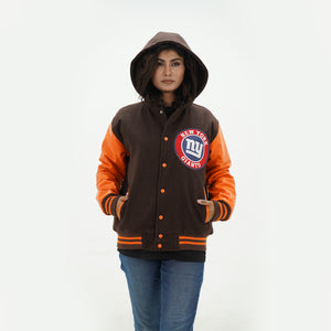 Three quarter view of women New York Giants hooded jacket highlighting premium wool and leather construction with cozy hood for female fans