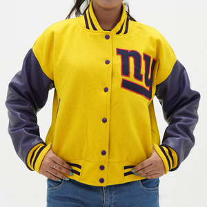 Women New York Giants varsity jacket featuring yellow wool body and purple leather sleeves showcasing authentic NFL styling for female fans