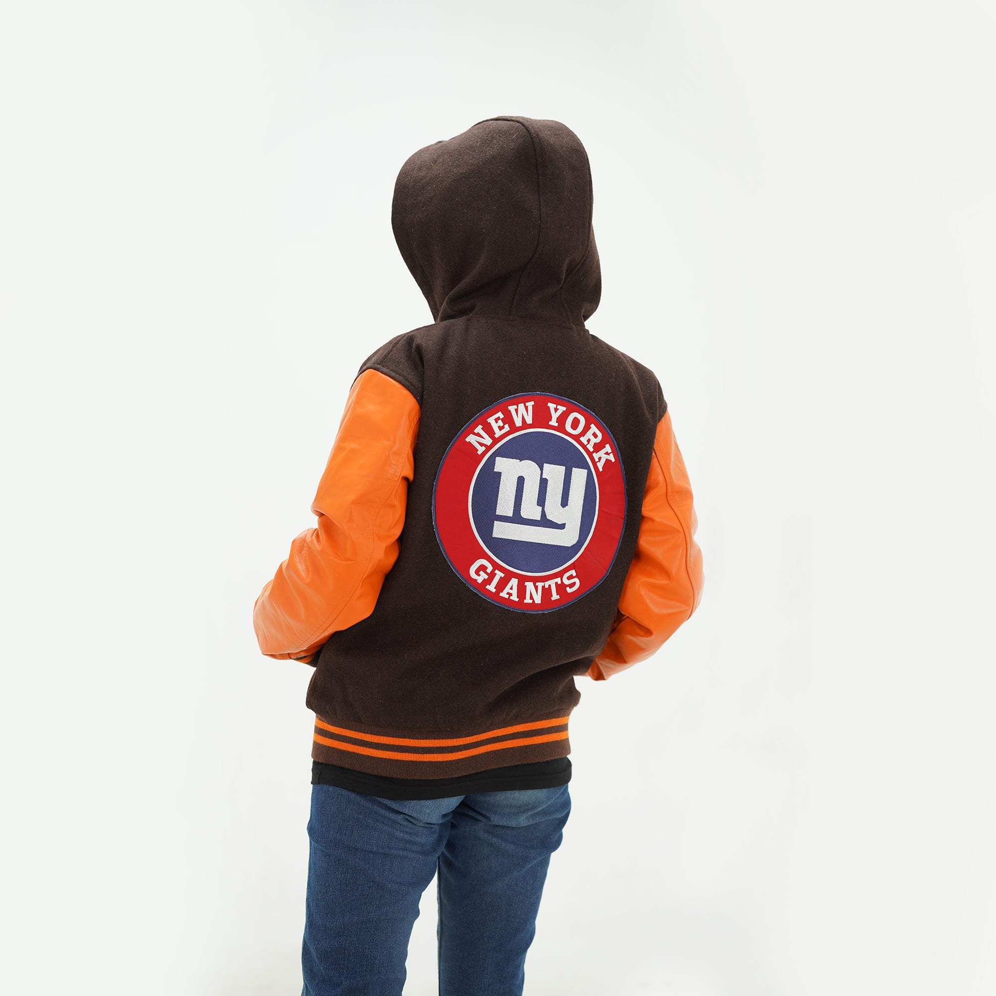 Close up of women NY Giants varsity hoodie ribbed trim collar and cuffs details with brown and gold color combination for football fans