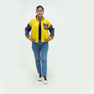 Detail shot of women NY Giants varsity jacket showing premium material craftsmanship with wool or satin body and leather sleeve options