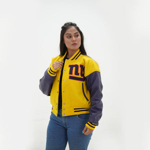 Front view of women NY Giants varsity jacket displaying tailored women fit with yellow wool and purple leather construction for ladies