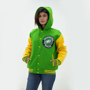 Three quarter view of women Philadelphia Eagles hoodie jacket highlighting cozy hood and tailored fit for female football fans