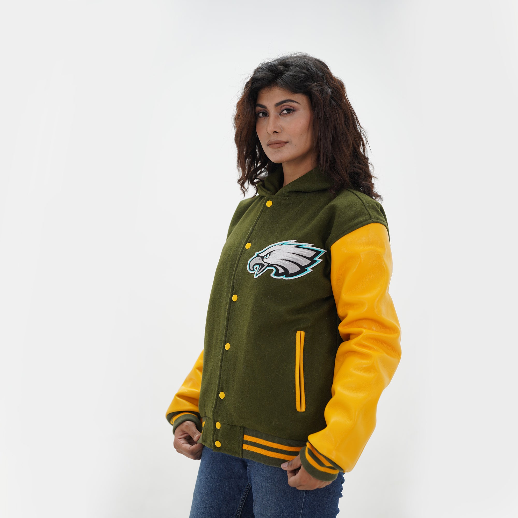 Philadelphia Eagles jacket highlighting customization options for Fly Eagles Fly embroidery