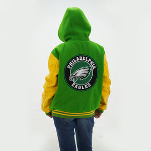 Front view of women Philly Eagles hooded letterman jacket displaying tailored women fit with hood and premium wool body styling