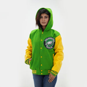 Detail shot of women Philly Eagles varsity hoodie showing premium wool or satin material options with hood for comfortable NFL wear
