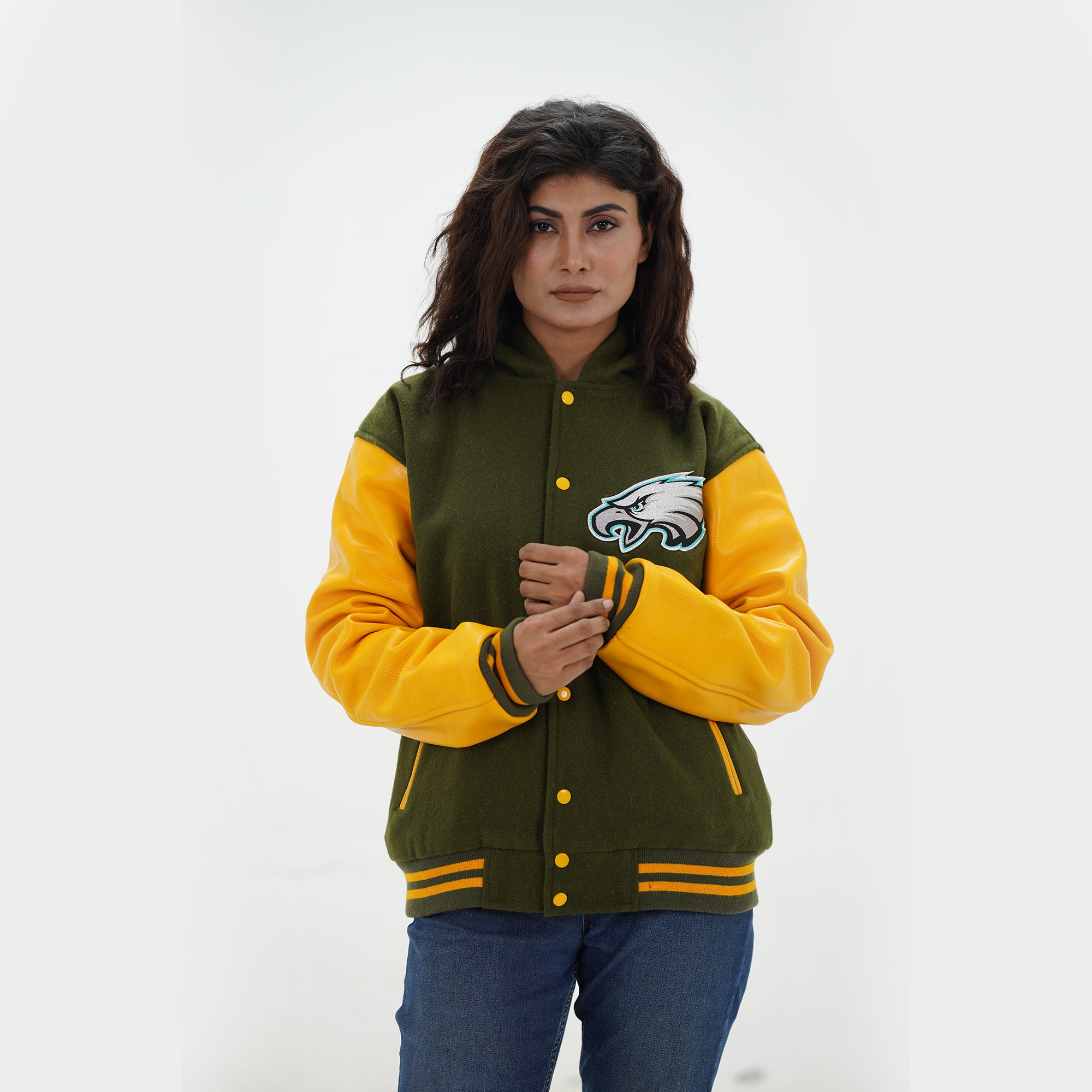 Detail shot of women Philly Eagles varsity jacket showing durable wool and leather material construction for Philadelphia weather comfort