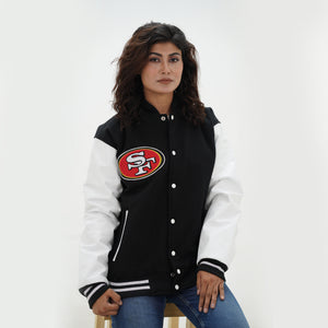 Detail shot of women San Francisco 49ers hoodie showing premium material quality with navy wool body and white leather sleeve craftsmanship