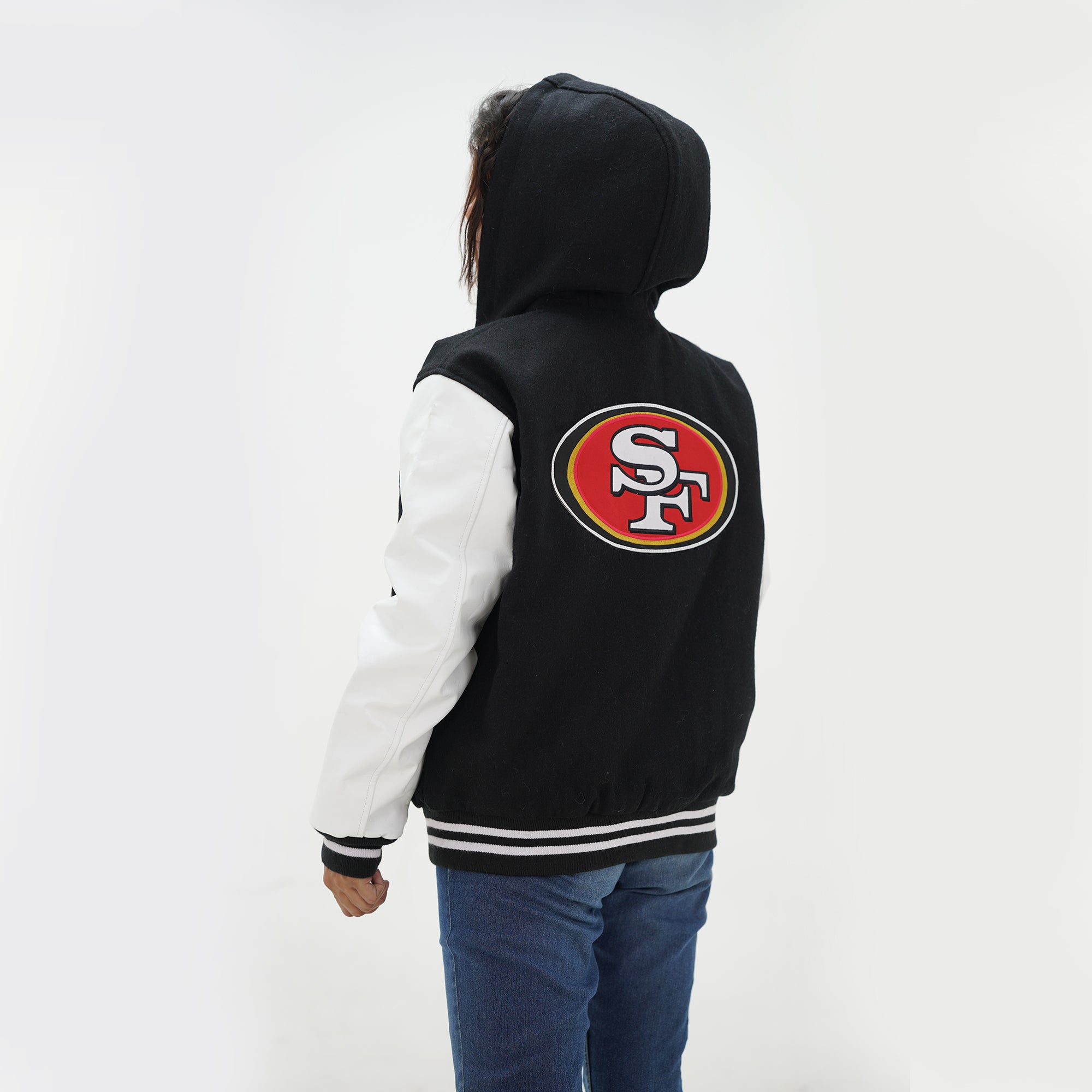 Close up of women San Francisco 49ers letterman hoodie ribbed waistband and cuffs details with navy and white team styling