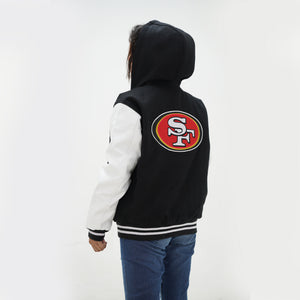 Close up of women San Francisco 49ers letterman hoodie ribbed waistband and cuffs details with navy and white team styling