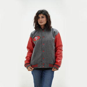 Full length view of women San Francisco hoodie jacket displaying tailored women fit with grey wool red leather construction and hood