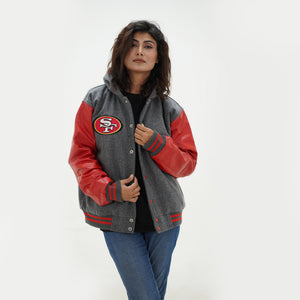 Side angle of women San Francisco hoodie jacket showcasing red leather arms and grey  wool body with tailored women fit and hood