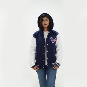 Close up of women Texans varsity hoodie ribbed collar and trim details with navy blue and white team color construction for NFL fans