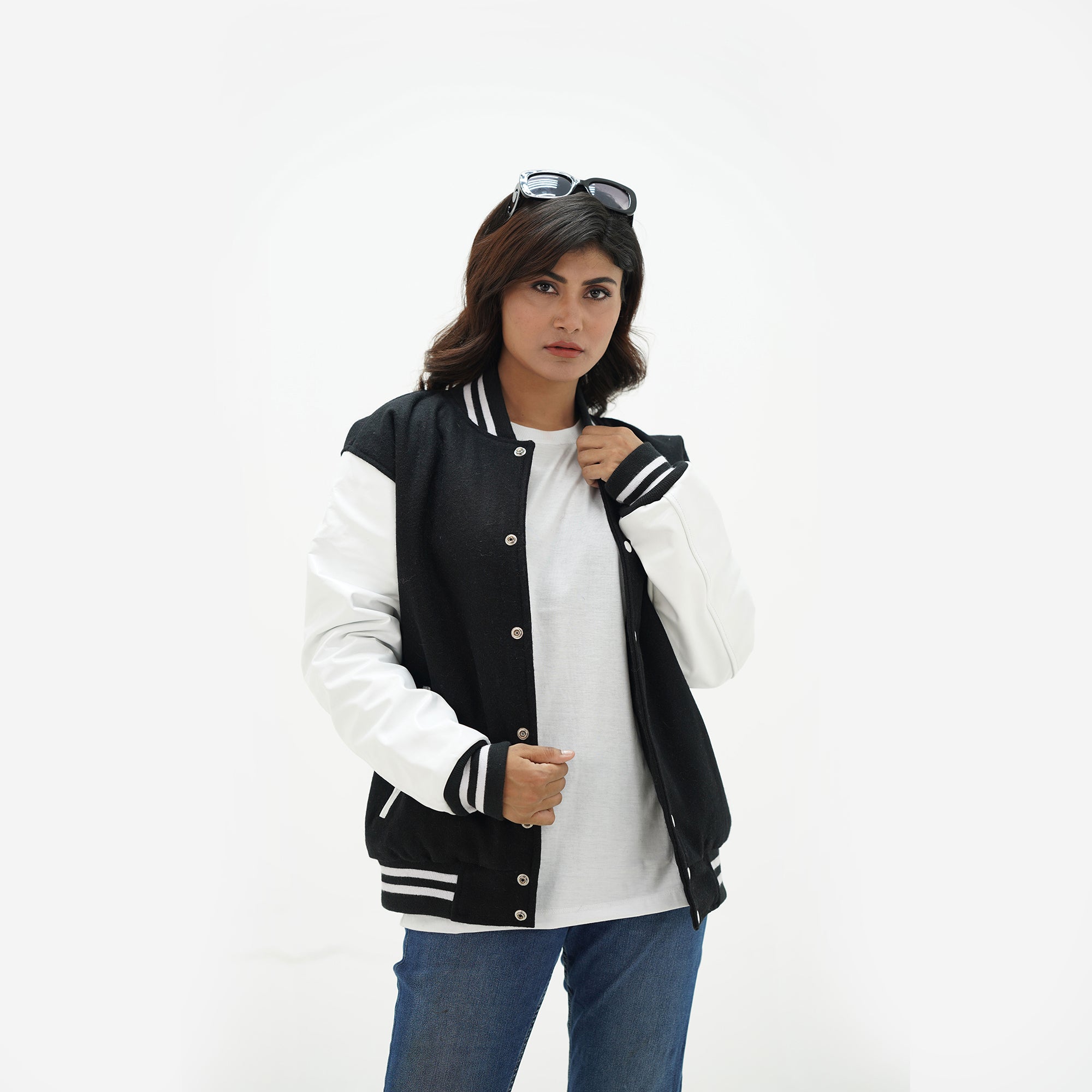 Women's black and white wool leather jacket full body fit - featuring snap buttons, side pockets, and classic ribbed waistband