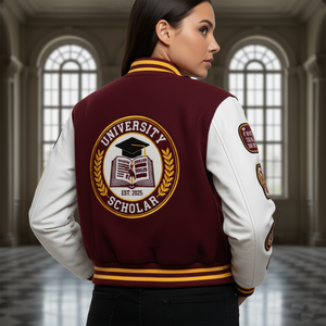 Person wearing a maroon and white varsity jacket with 'University Scholar' design in an indoor setting.