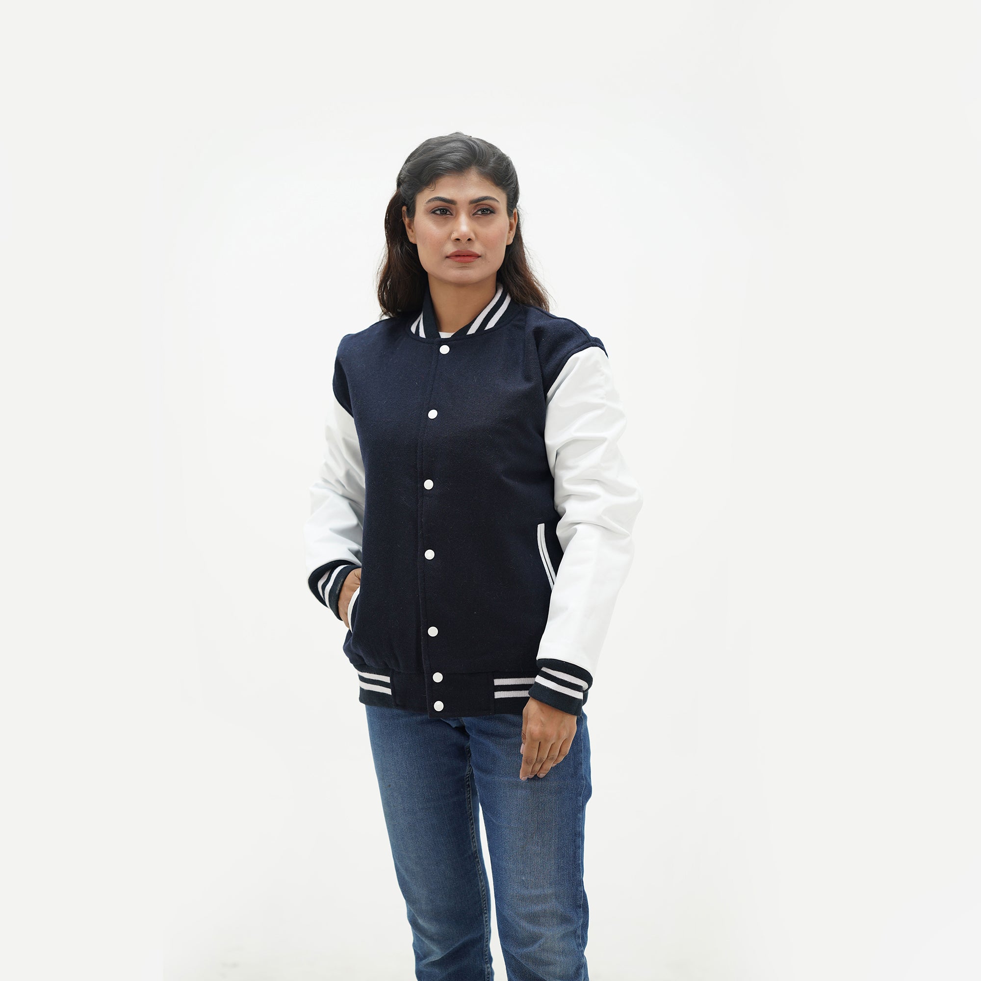 Women's dark blue wool leather jacket full body fit - feminine tailored silhouette with leather arms, side pockets, and classic ribbed waistband