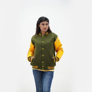 Women's dark green varsity jacket - displaying rich forest green wool body with leather sleeves and ribbed hem detail