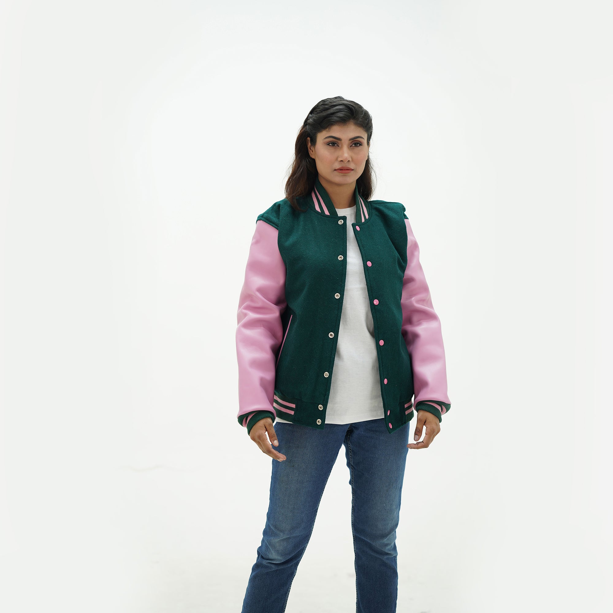Women's dark green wool leather jacket full body fit - featuring rich green body, leather arms, side pockets, and classic ribbed waistband
