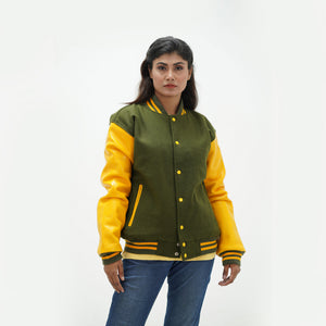 Women's dark green wool leather jacket full body fit - featuring rich green body, leather arms, side pockets, and classic ribbed waistband