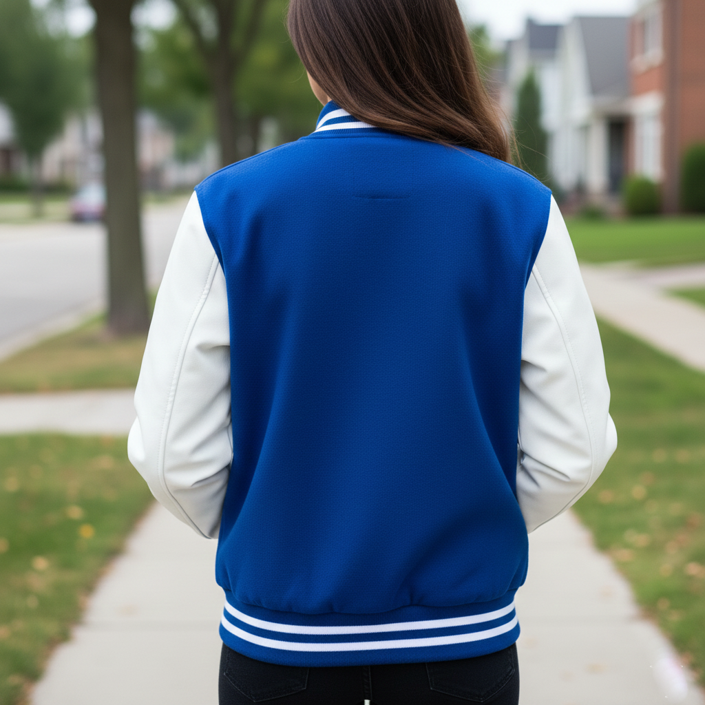 Back view of women's letterman jacket K displaying blue Melton wool body, white genuine wool sleeves, and ribbed waistband construction