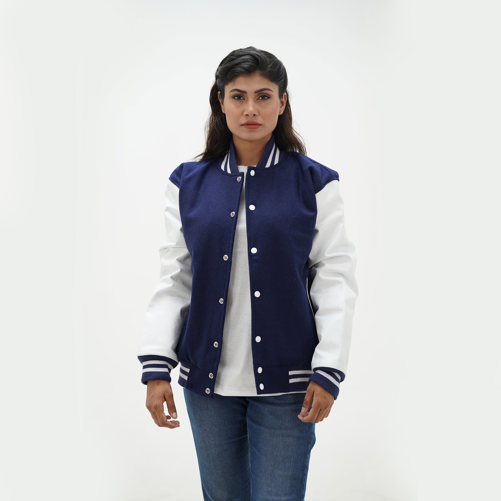 Women's navy blue wool leather jacket full body fit - featuring classic navy body, leather arms, side pockets, and ribbed waistband