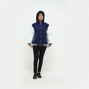 Close-up of women's navy letterman hoodie drawstring hood with white leather sleeve detail