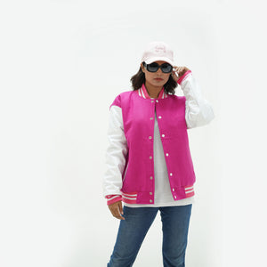 Women's pink athletic jacket full body fit - tailored feminine silhouette with leather arms, side pockets, and classic ribbed waistband