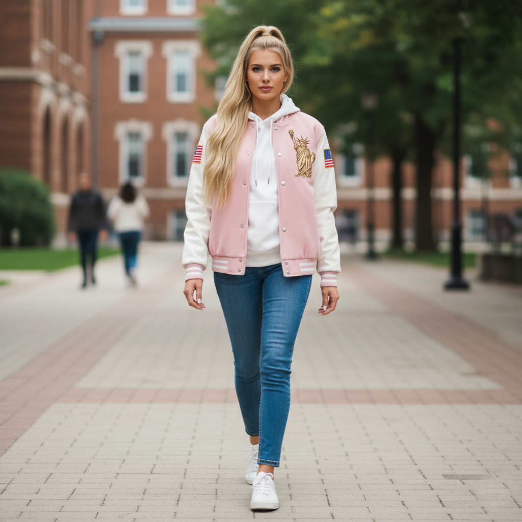 Woman in a pink and white varsity jacket walking on a sidewalk with a building in the background 