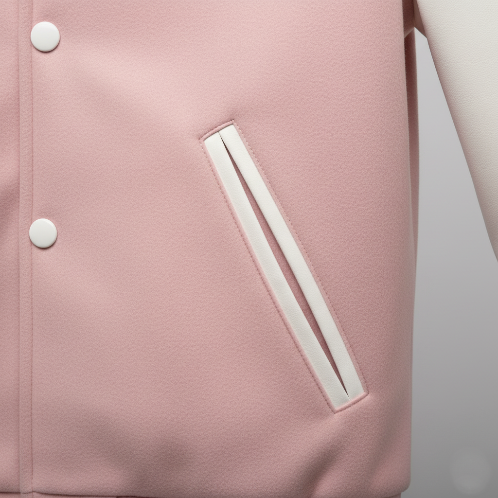 Close-up of a pink jacket with white buttons and trim on a light gray background 