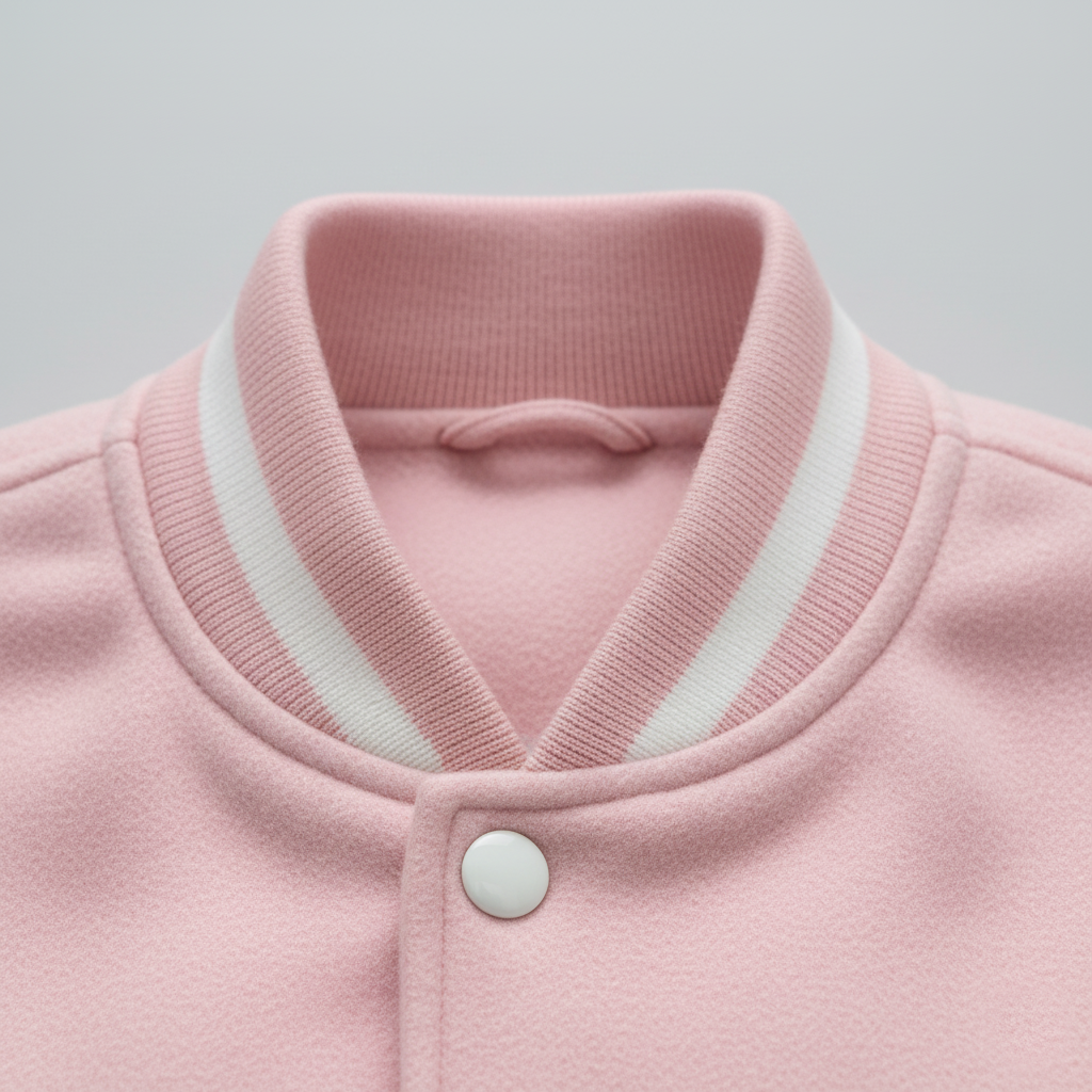 Close-up of a pink cardigan with a white button on a light gray background