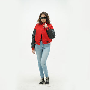 Full display of women's red and black varsity jacket showing complete fit, premium materials, and classic red-black varsity styling