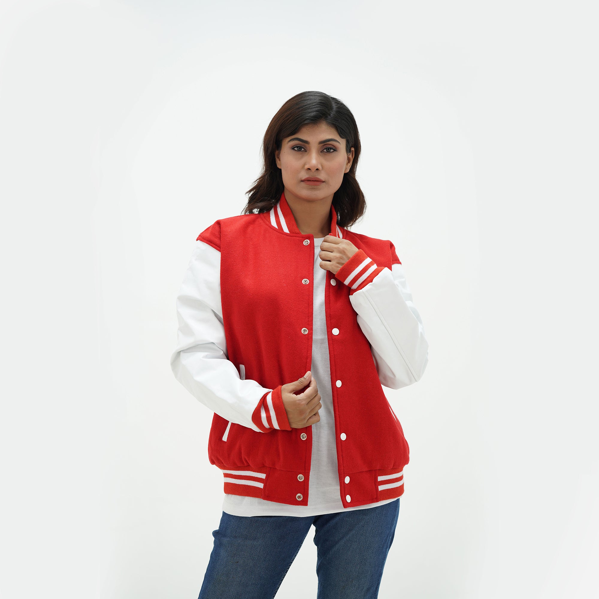 Women's red and white varsity jacket back view - displaying vibrant red wool body with white leather sleeves and ribbed hem detail