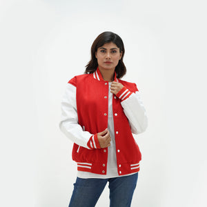 Women's red and white varsity jacket back view - displaying vibrant red wool body with white leather sleeves and ribbed hem detail