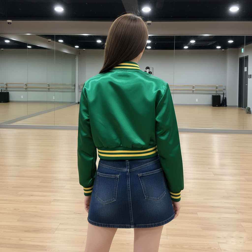 Person wearing a green jacket with yellow accents and a blue skirt in a dance studio.