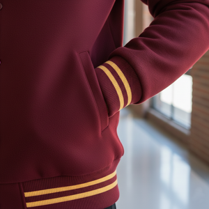 Maroon jacket with yellow stripes on cuffs and waistband, blurred indoor background