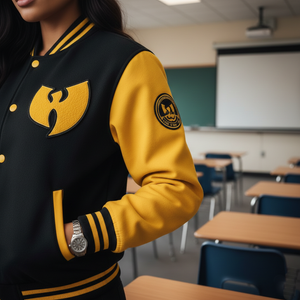 Person wearing a black and yellow varsity jacket with a Wu-Tang Clan logo in a classroom setting.