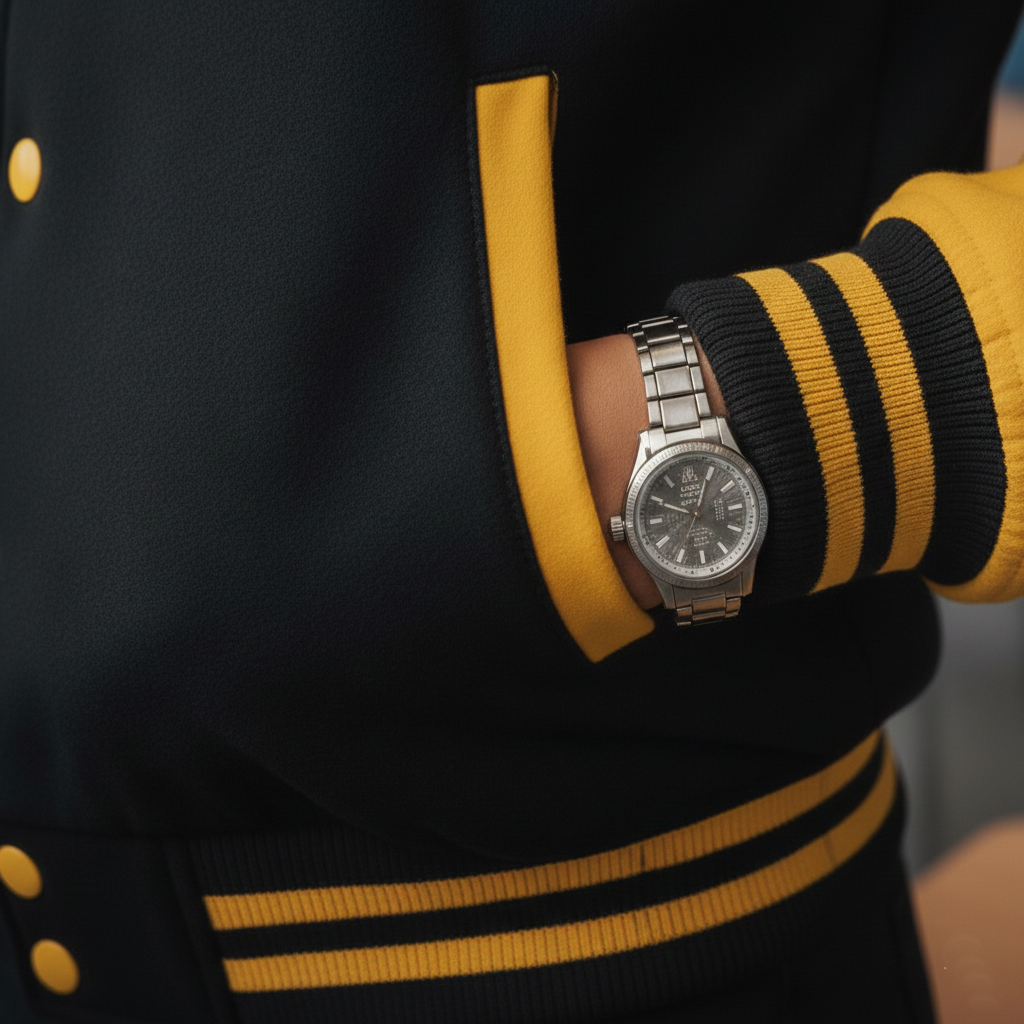 Person wearing a silver watch with a black and yellow striped sleeve.