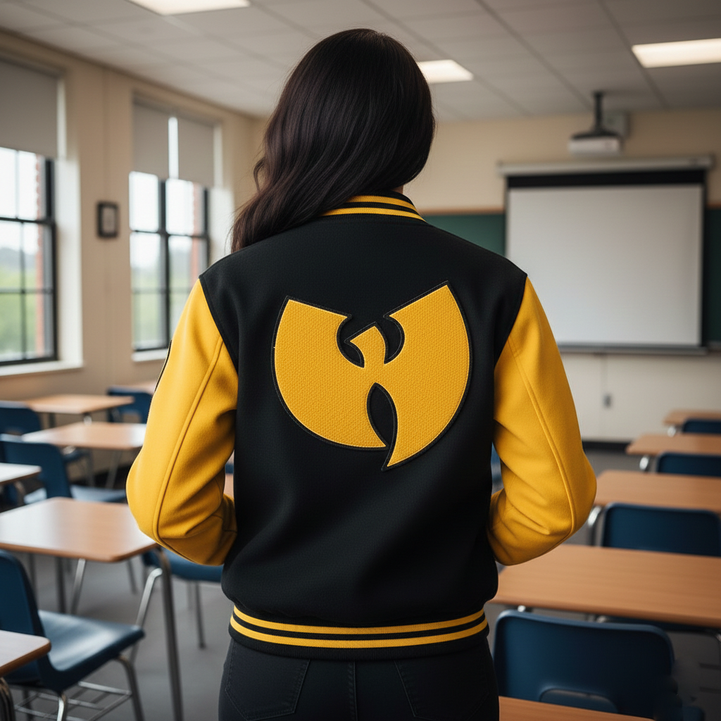 Person wearing a black and yellow varsity jacket with a Wu-Tang Clan logo in a classroom.