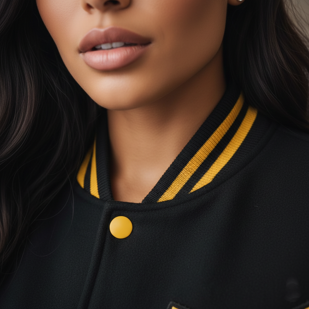 Close-up of a person wearing a black jacket with yellow trim