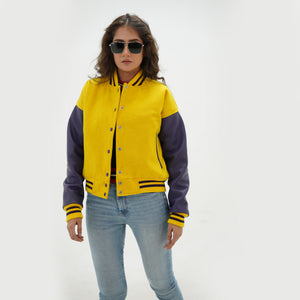 Alternate view of yellow and blue letterman jacket for women showcasing premium wool-leather construction and ribbed trim accents