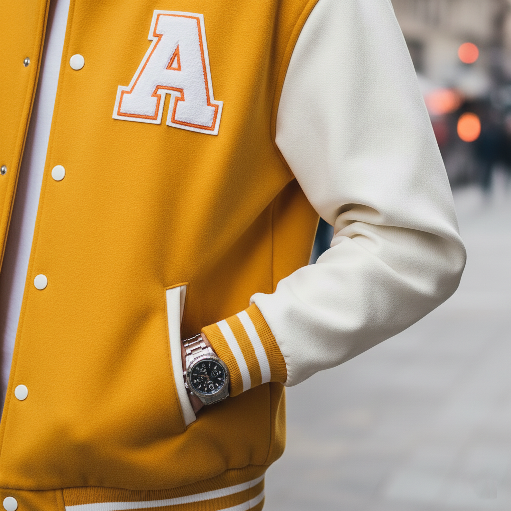 Yellow and white varsity jacket with a letter 'A' patch, worn by a person with a blurred city street background.