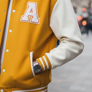 Yellow and white varsity jacket with a letter 'A' patch, worn by a person with a blurred city street background.