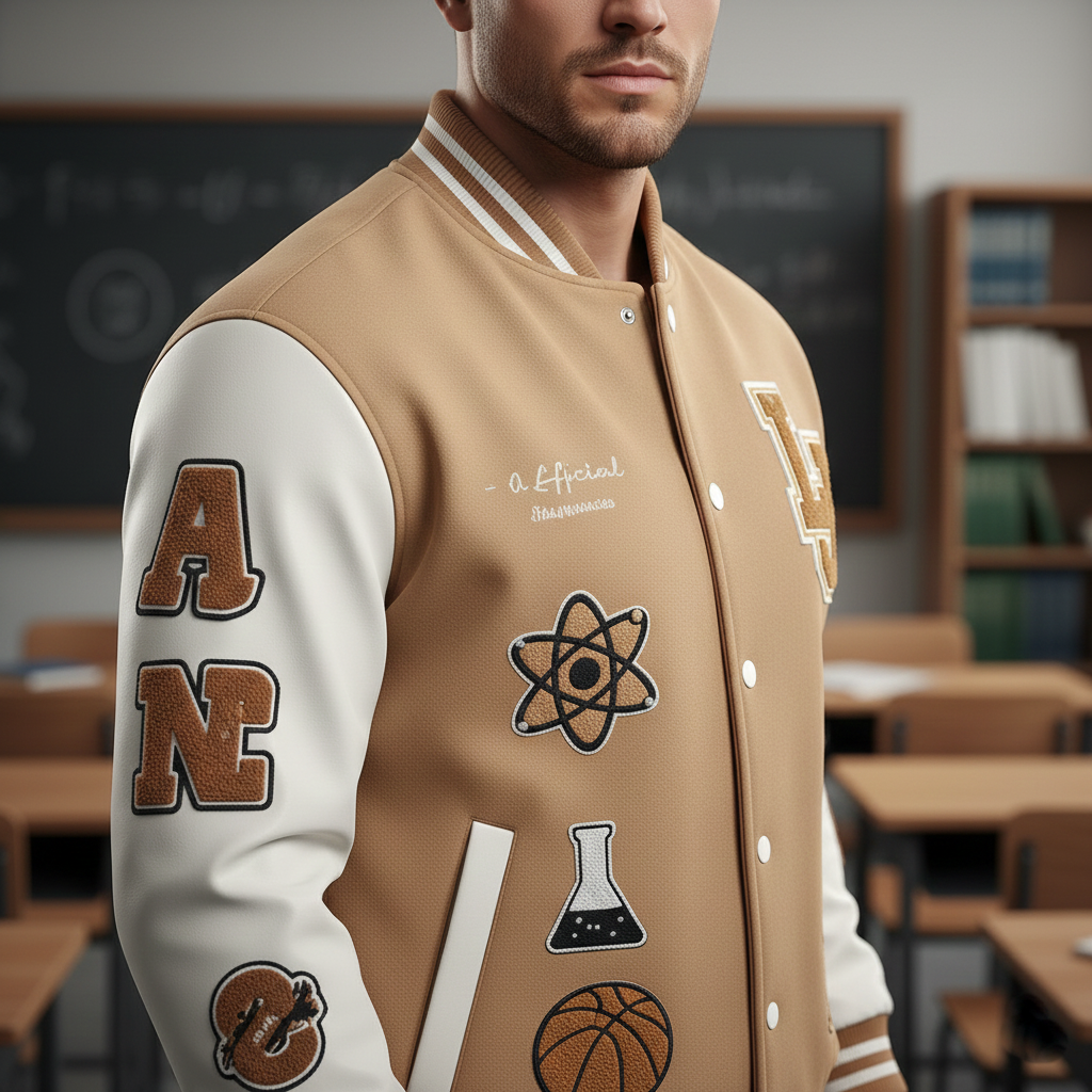 Man wearing a beige and white varsity jacket with various designs in a classroom setting